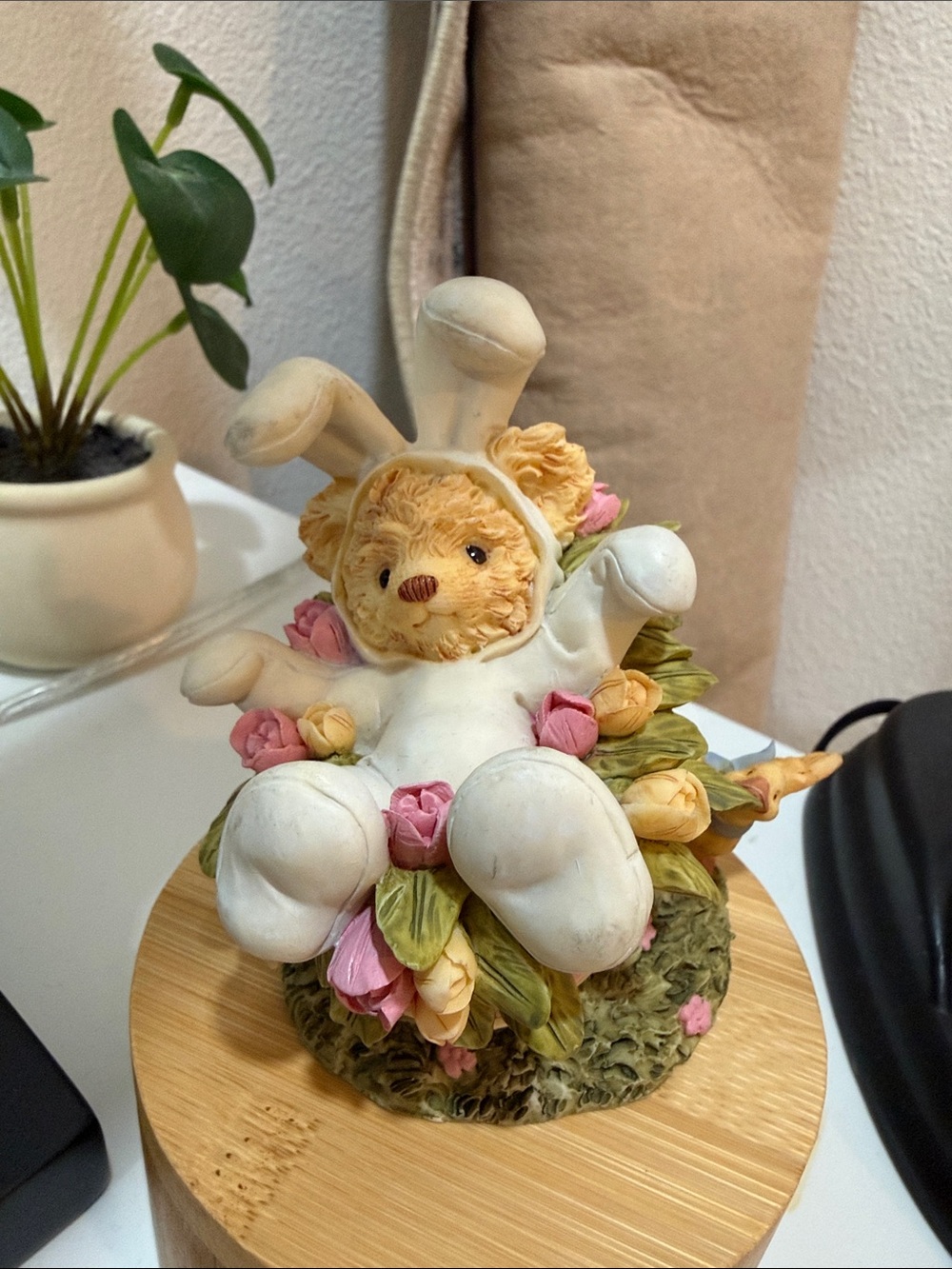 Plush Bunny Bear Figurine in Cream with Pink & Yellow Flowers 5 inches tall